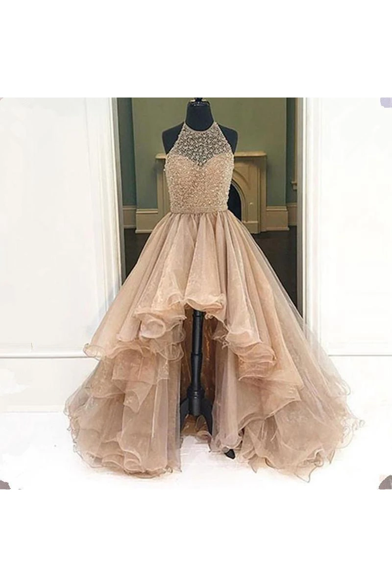 Sleeveless Asymmetrical High-Low A-Line Halter Organza Dress