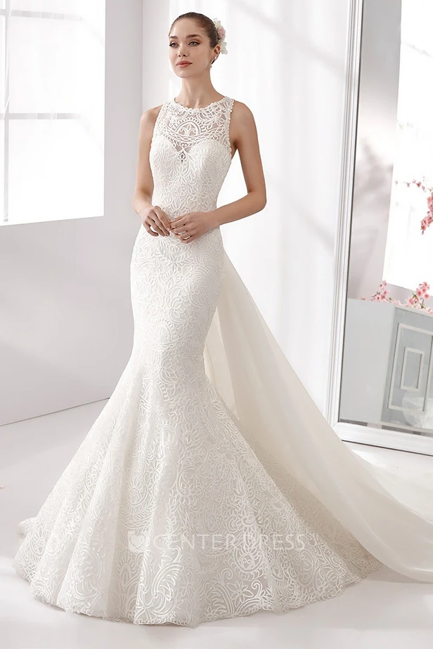 Jewel-Neck Mermaid Lace Wedding Dress With Sheath Style And Detachable Back Bow Train