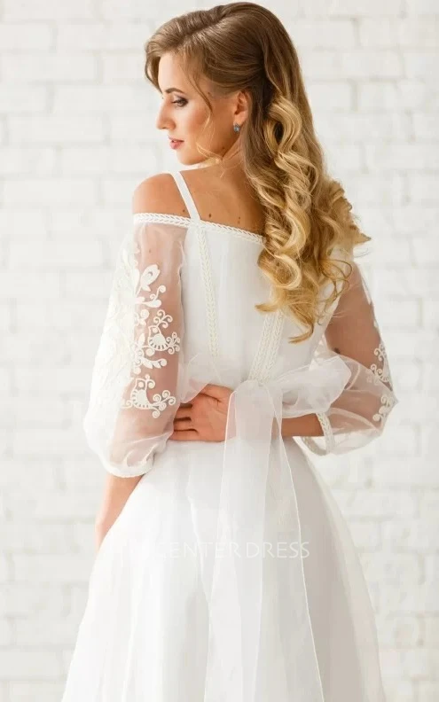 Simple Off-the-shoulder A Line Tulle 3/4 Length Sleeve Floor-length Wedding Dress with Ruching