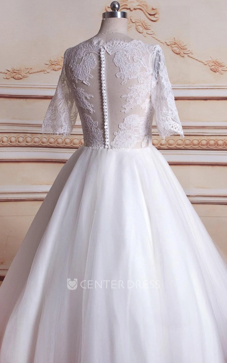 Tea-Length 3-4 Sleeve Tulle Lace Satin Weddig Dress