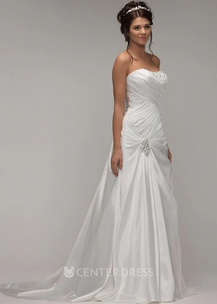 A-Line Strapless Beaded Maxi Satin Warm Wedding Dress With Criss Cross And Broach