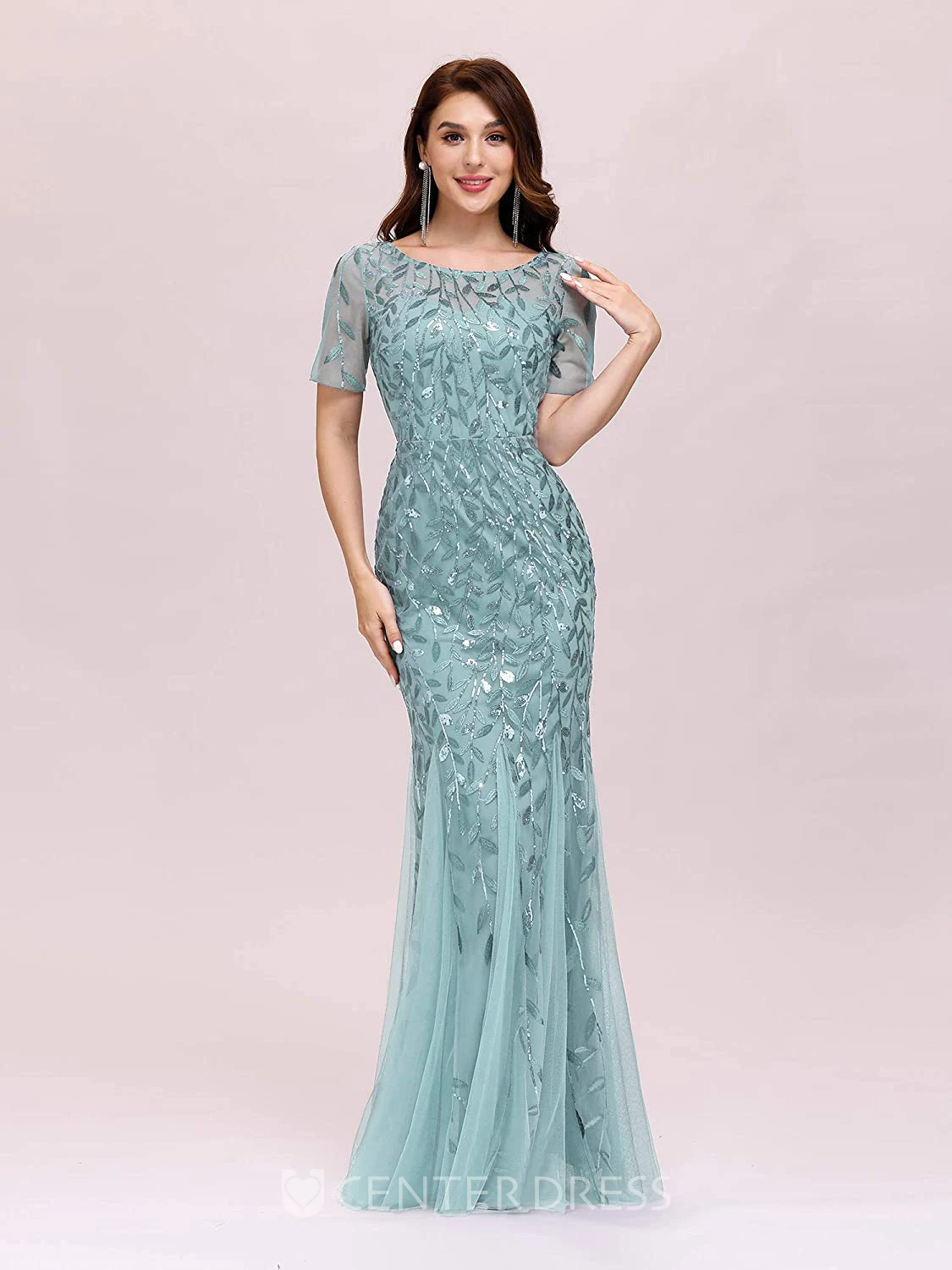 Trumpet Short Sleeve Tulle Sequins Elegant Zipper Illusion Dress with Pleats