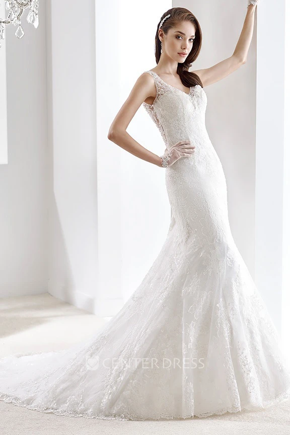 V-neck Cap sleeve Sheath Wedding Gown with Keyhole Back and Illusive Lace Straps