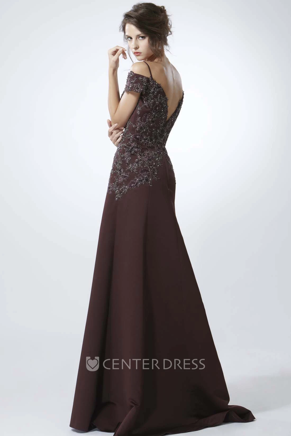 A-Line Appliqued Spaghetti Cap-Sleeve Floor-Length Chiffon Prom Dress With Low-V Back