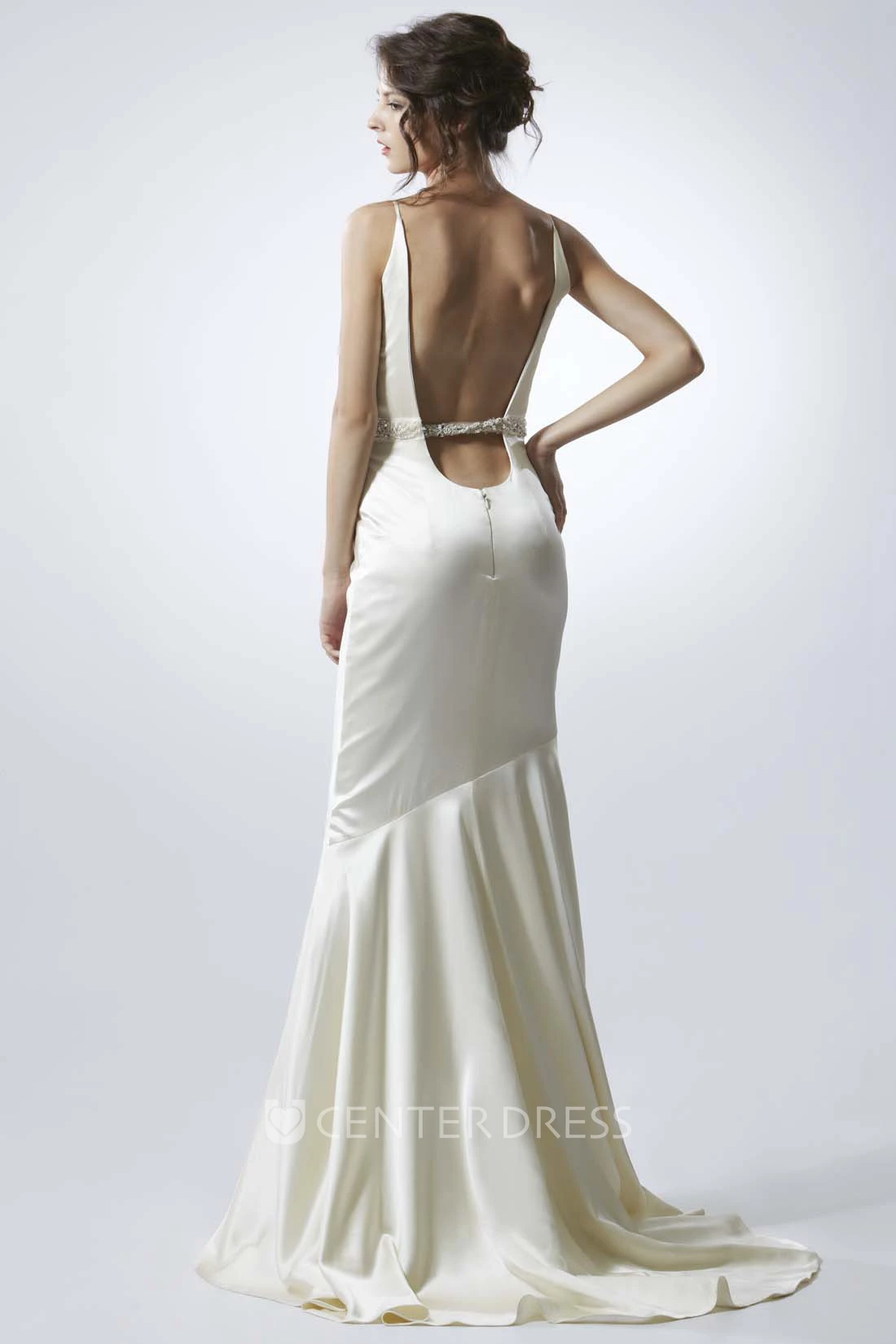 Floor-Length Spaghetti Jeweled Satin Wedding Dress With Brush Train And V Back