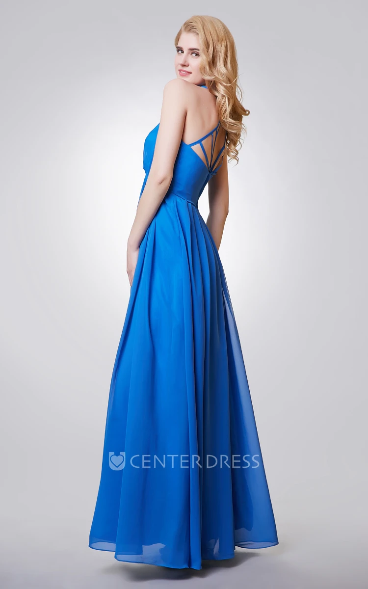Halter A-line Long Chiffon Pleated Dress With Key-hole