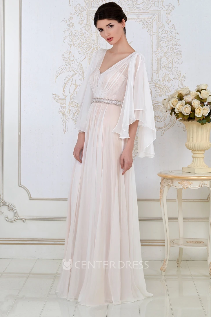 A-Line Poet-Sleeve Beaded V-Neck Floor-Length Tulle Evening Dress With Ruching