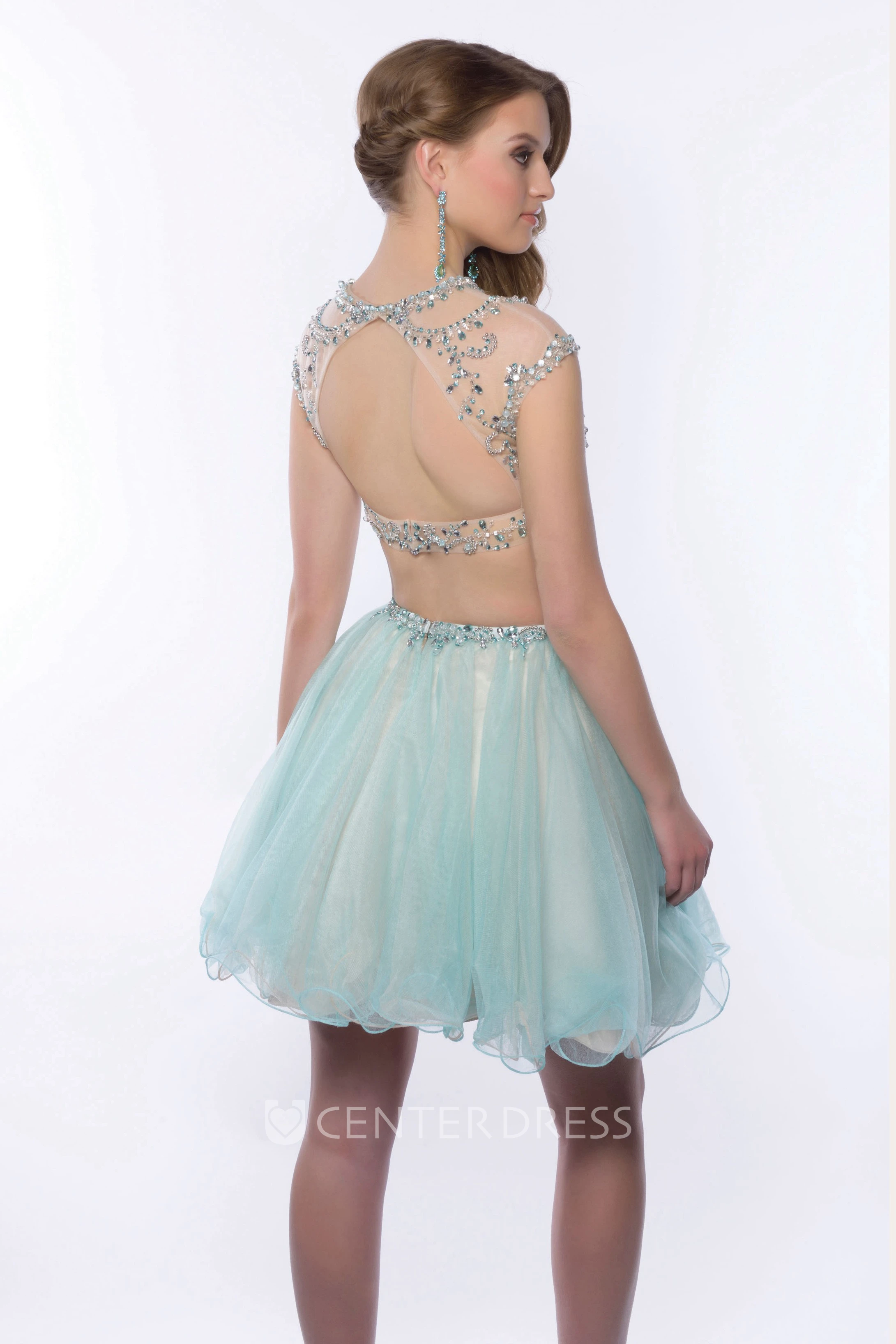 Cap Sleeve Two-Piece Mini Homecoming Dress With Jeweled Top And Tulle Skirt