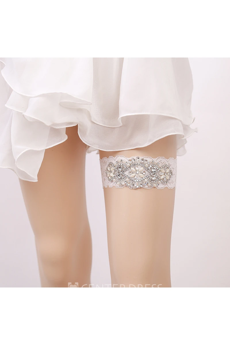 White Sexy Lace Rhinestone Princess Style Handmade Garter Grip Within 16-23inch