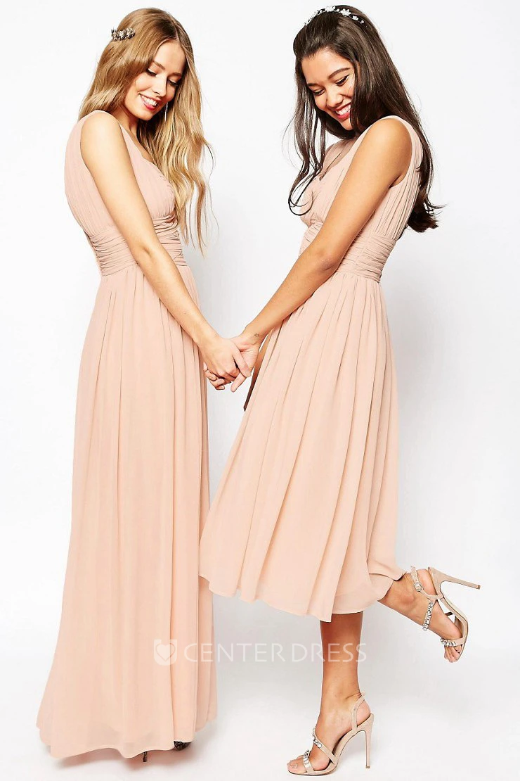 Tea-Length One-Shoulder Criss-Cross Sleeveless Chiffon Bridesmaid Dress