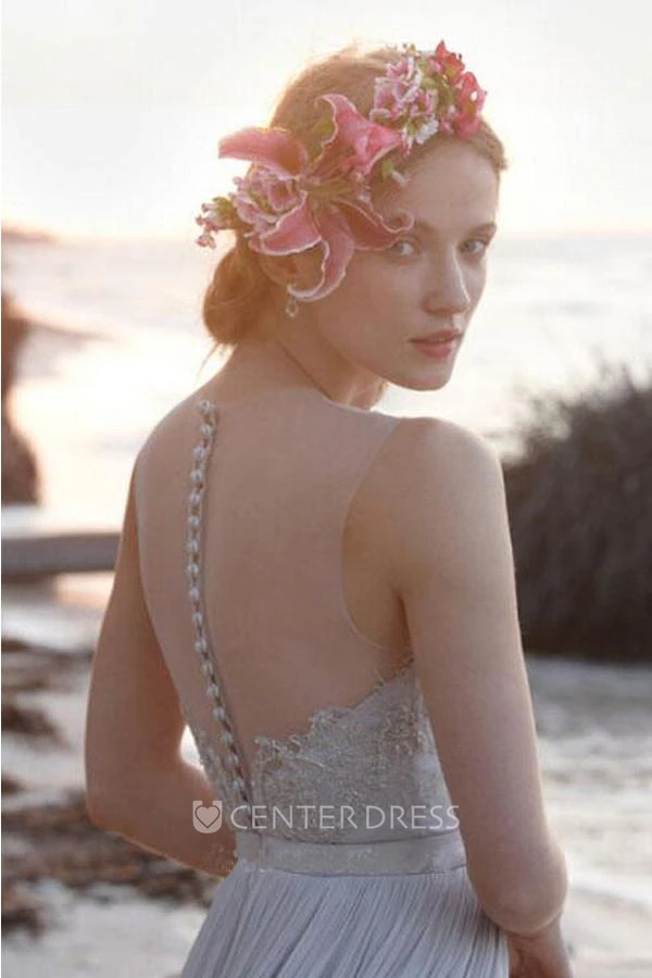 A Line High Neck Chiffon Button Zipper Wedding Dress