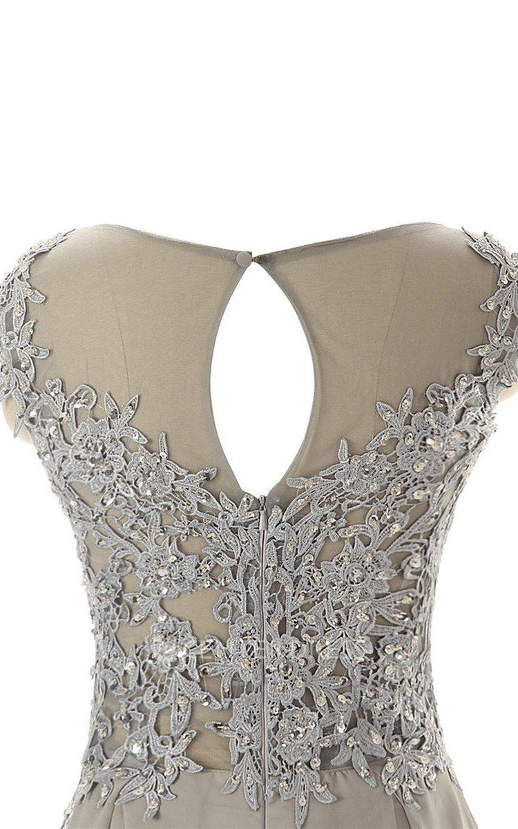 Dramatic Floor Length Chiffon Dress With Beaded Lace Appliques