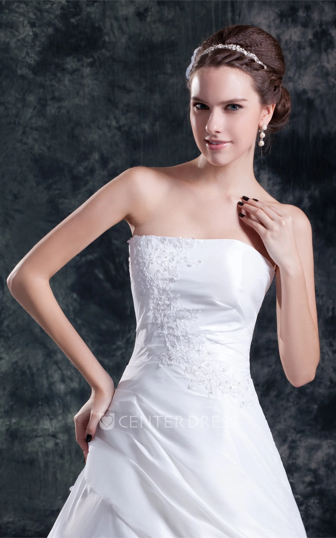 Strapless A-line Satin Wedding Dress with Corset Back and Appliques