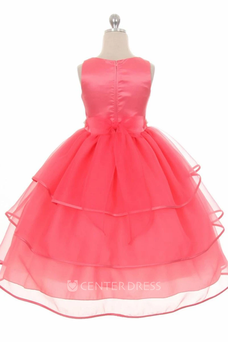 Tea-Length Beaded Sleeveless Organza&Satin Flower Girl Dress