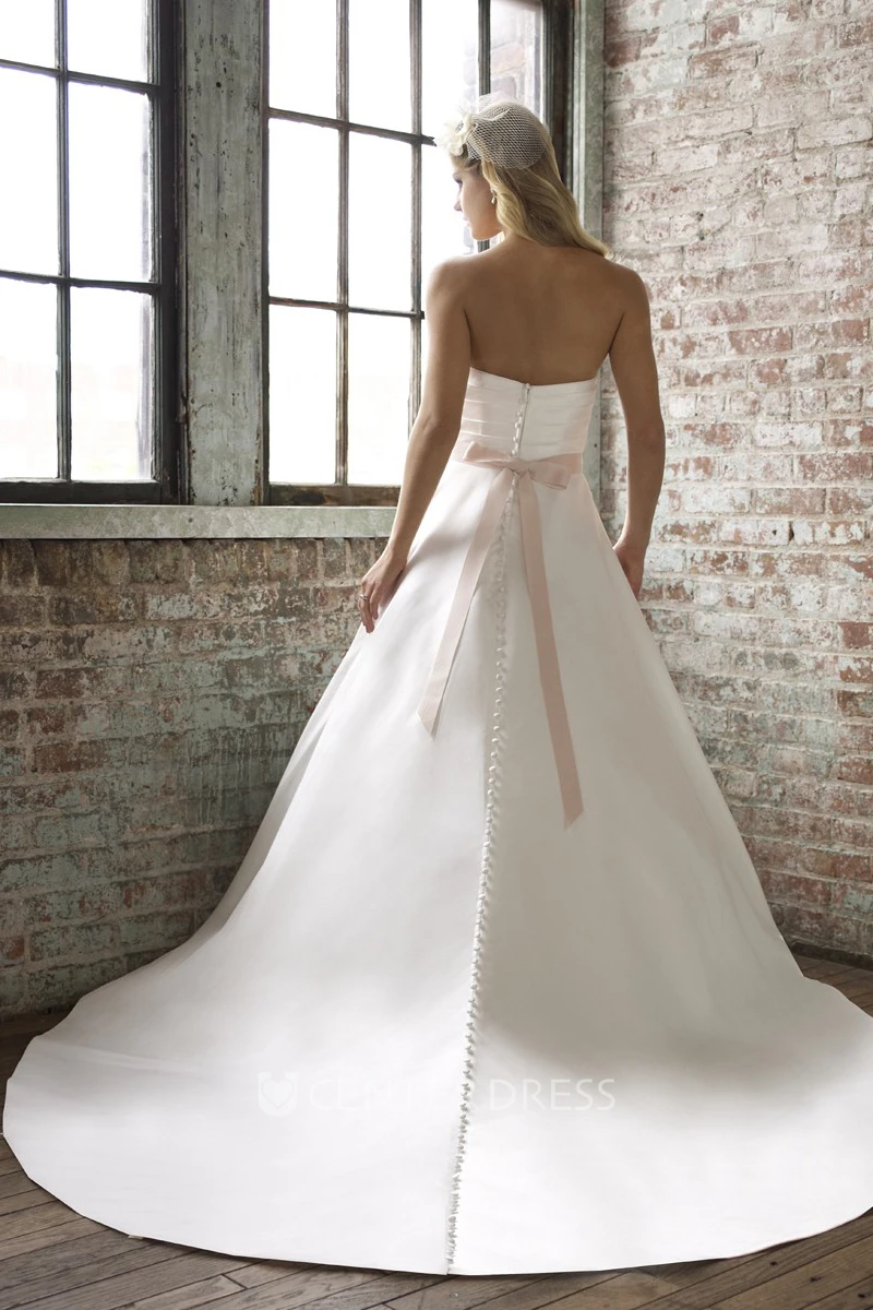 Floor-Length Strapless Jeweled Satin Wedding Dress With Court Train