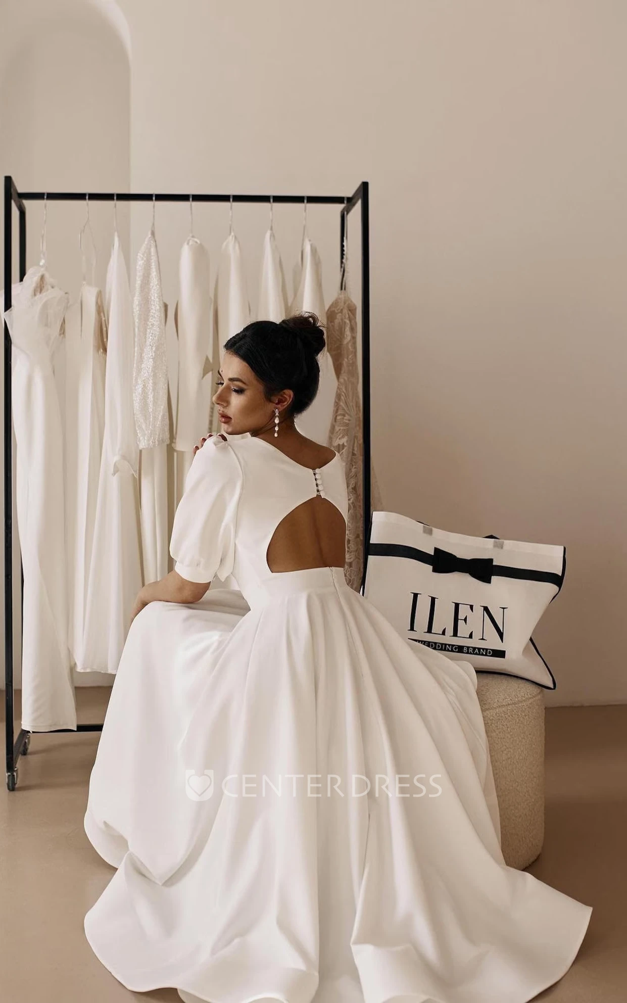 Simple Tea Length Civil Wedding Dress Modern A-Line Puff Sleeves Gown with Open Back