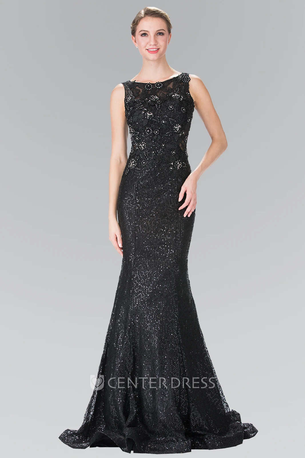 Sheath Scoop-Neck Sleeveless Sheath Illusion Dress With Lace And Ruffles