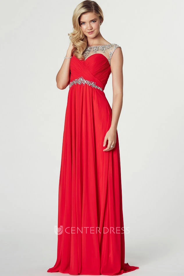 Sheath Bateau Neck Criss-Cross Sleeveless Chiffon Prom Dress