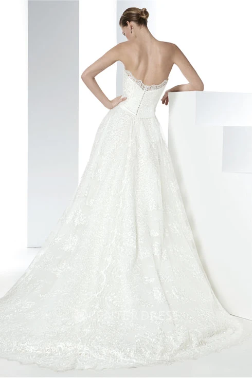 Strapless Maxi Appliqued Lace Wedding Dress With Court Train And V Back