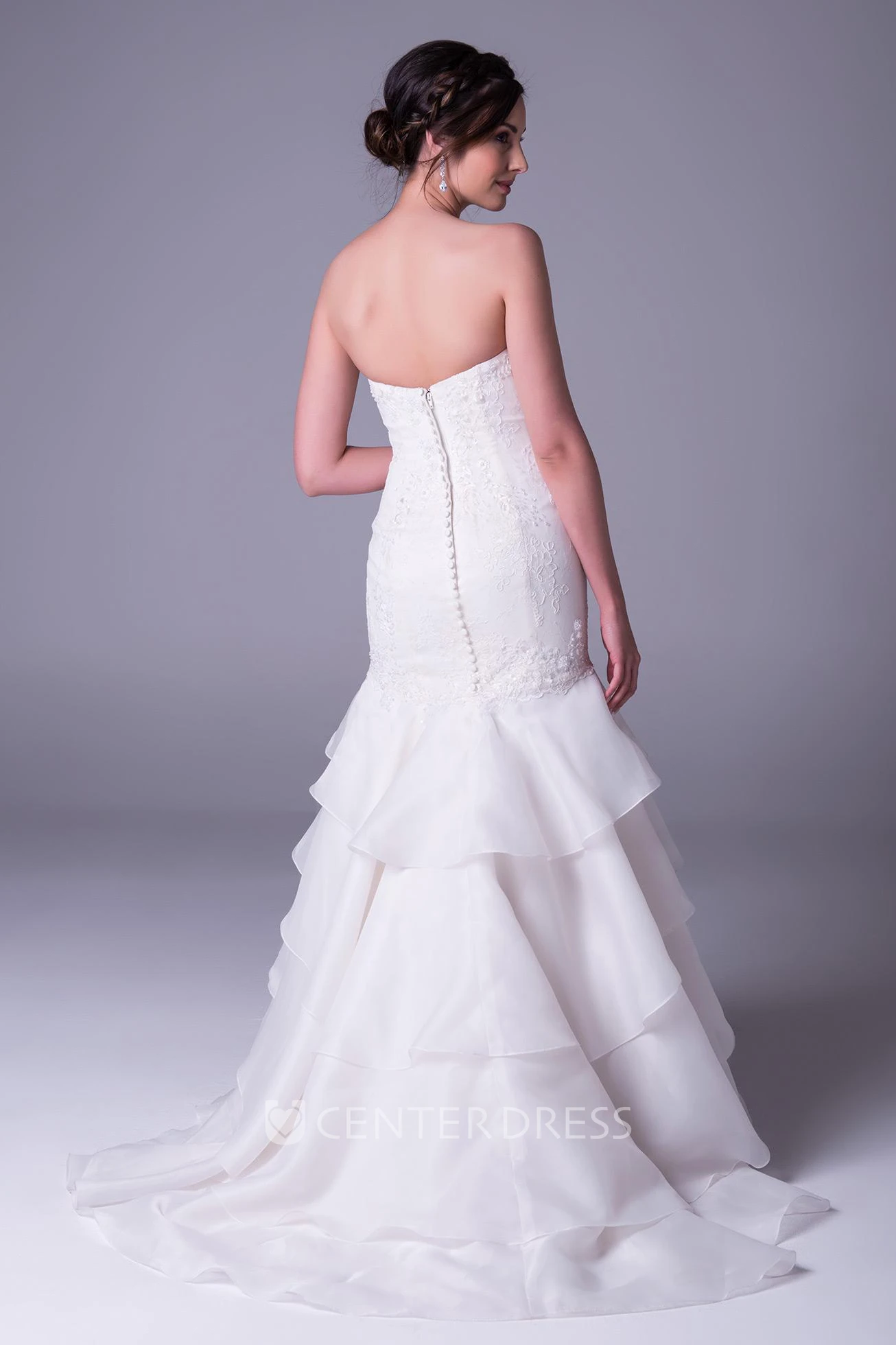 Trumpet Strapless Appliqued Floor-Length Organza Wedding Dress With Tiers And V Back