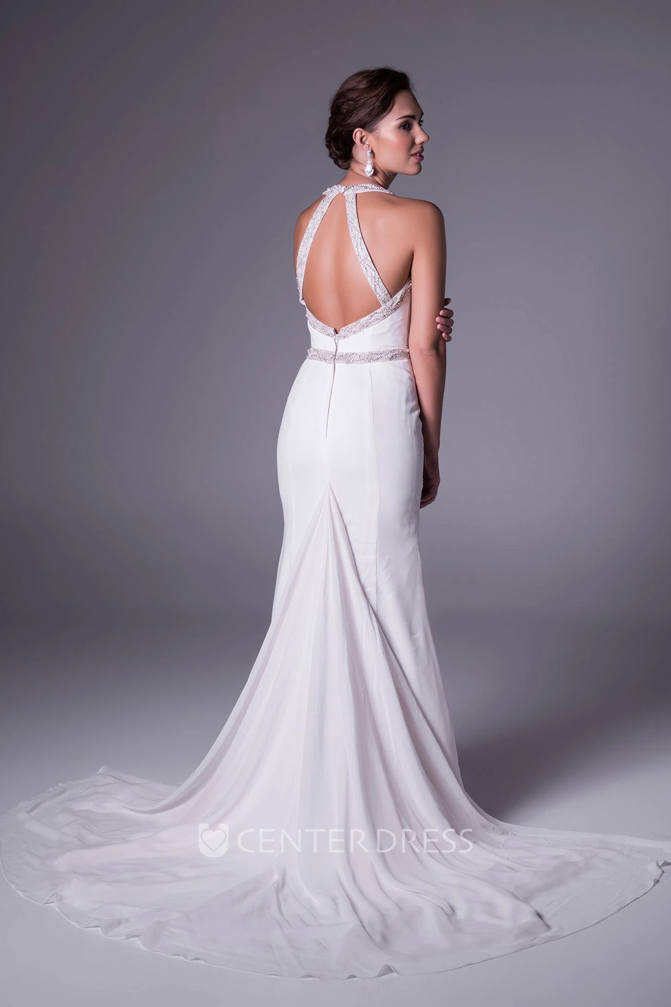 Sheath Ruched Haltered Long Sleeveless Chiffon Wedding Dress With Waist Jewellery