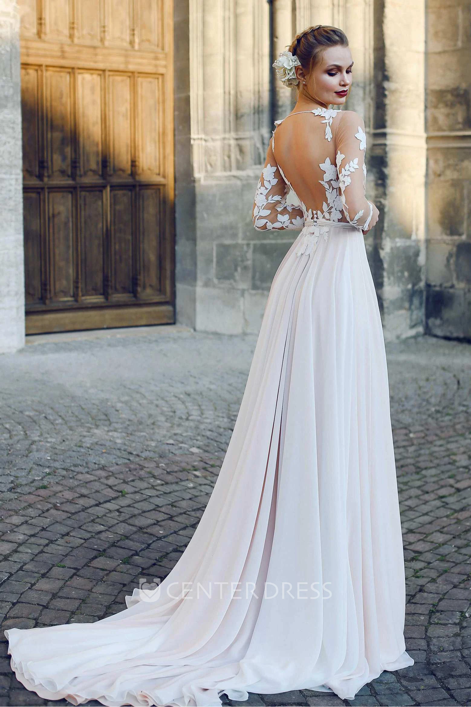 Bateau Illusion Long Sleeve Appliqued A-Line Chiffon Wedding Dress