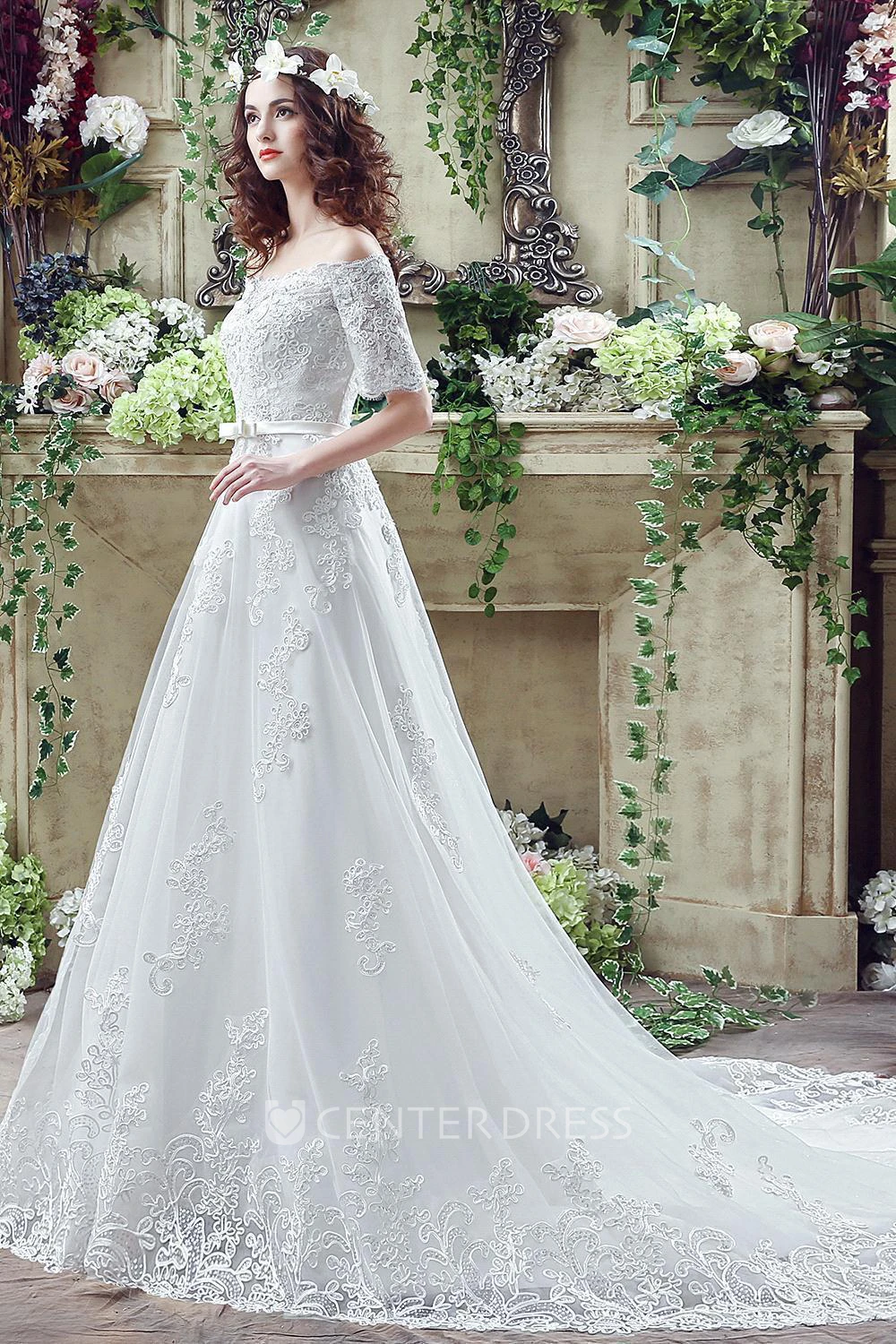 Elegant Off-the-shoulder Lace Appliques Wedding Dress Bowknot Lace-up