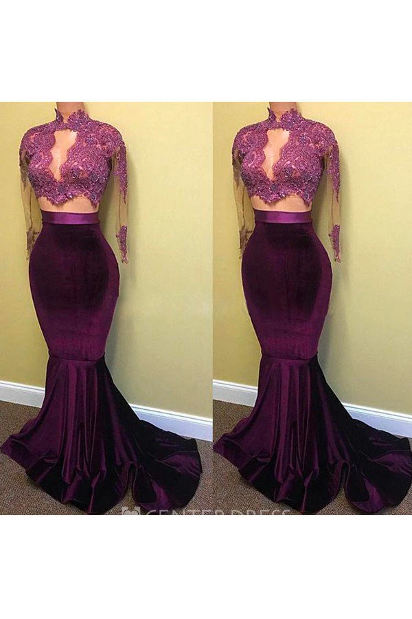 Illusion Long Sleeve Sweep Brush Train Mermaid Trumpet High Neck Satin Lace Dress