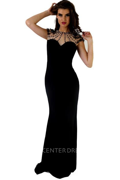 Sheath Cap-Sleeve Maxi Jewel Beaded Jersey Prom Dress With Keyhole Back And Flower