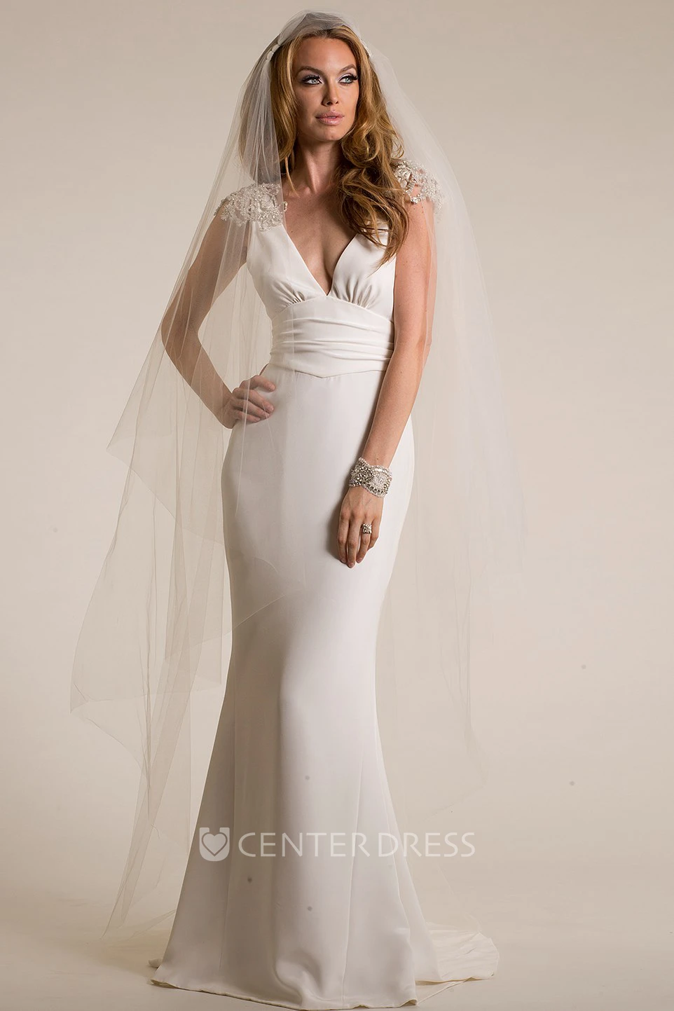 Sheath Cap-Sleeve V-Neck Floor-Length Epaulet Wedding Dress