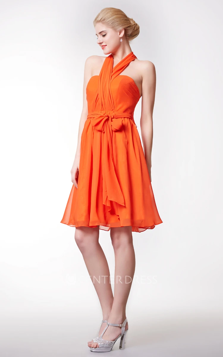 Sexy Halter Neck Empire Short Chiffon Dress With Bow
