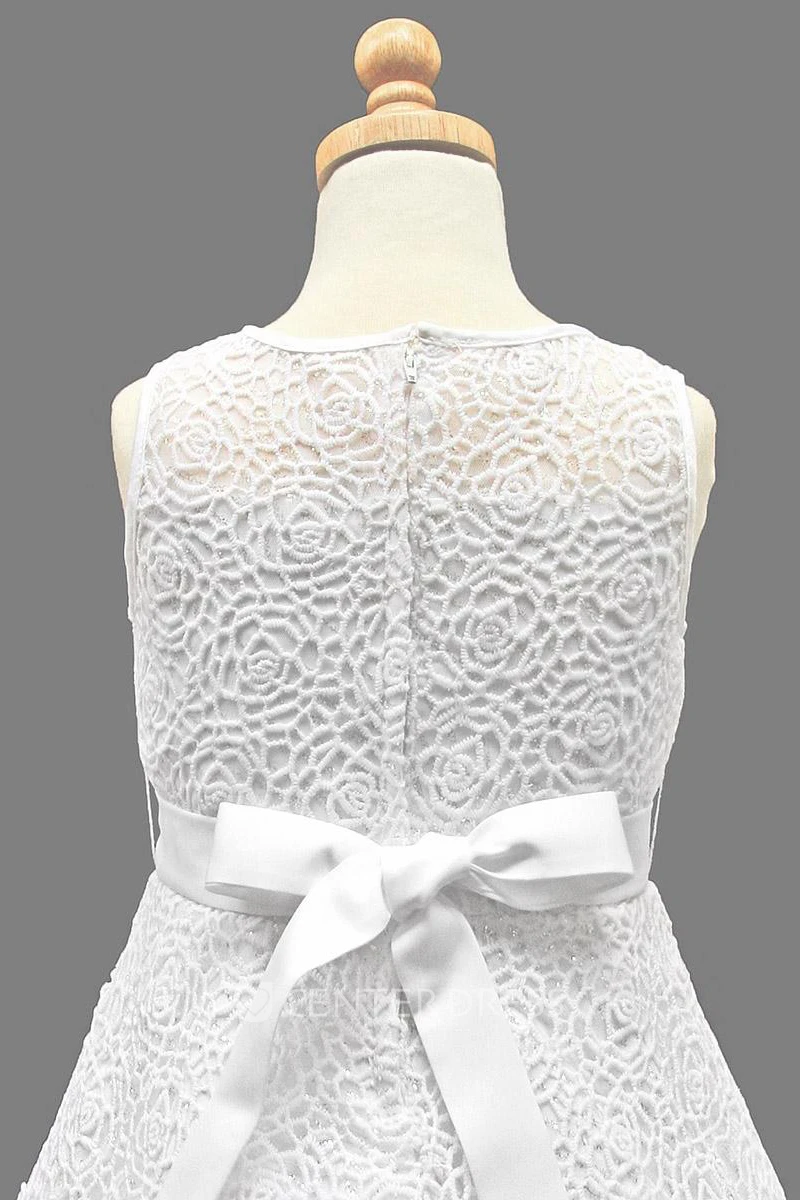 Embroideried Tea-Length Tiered Lace&Satin Flower Girl Dress