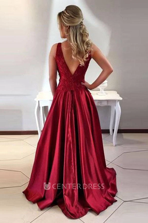 Sleeveless Sweep Brush Train A-Line Jewel Satin Lace Dress