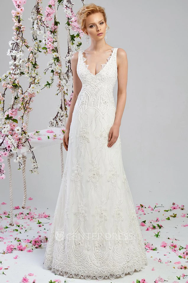A-Line Floor-Length V-Neck Beaded Sleeveless Lace Wedding Dress