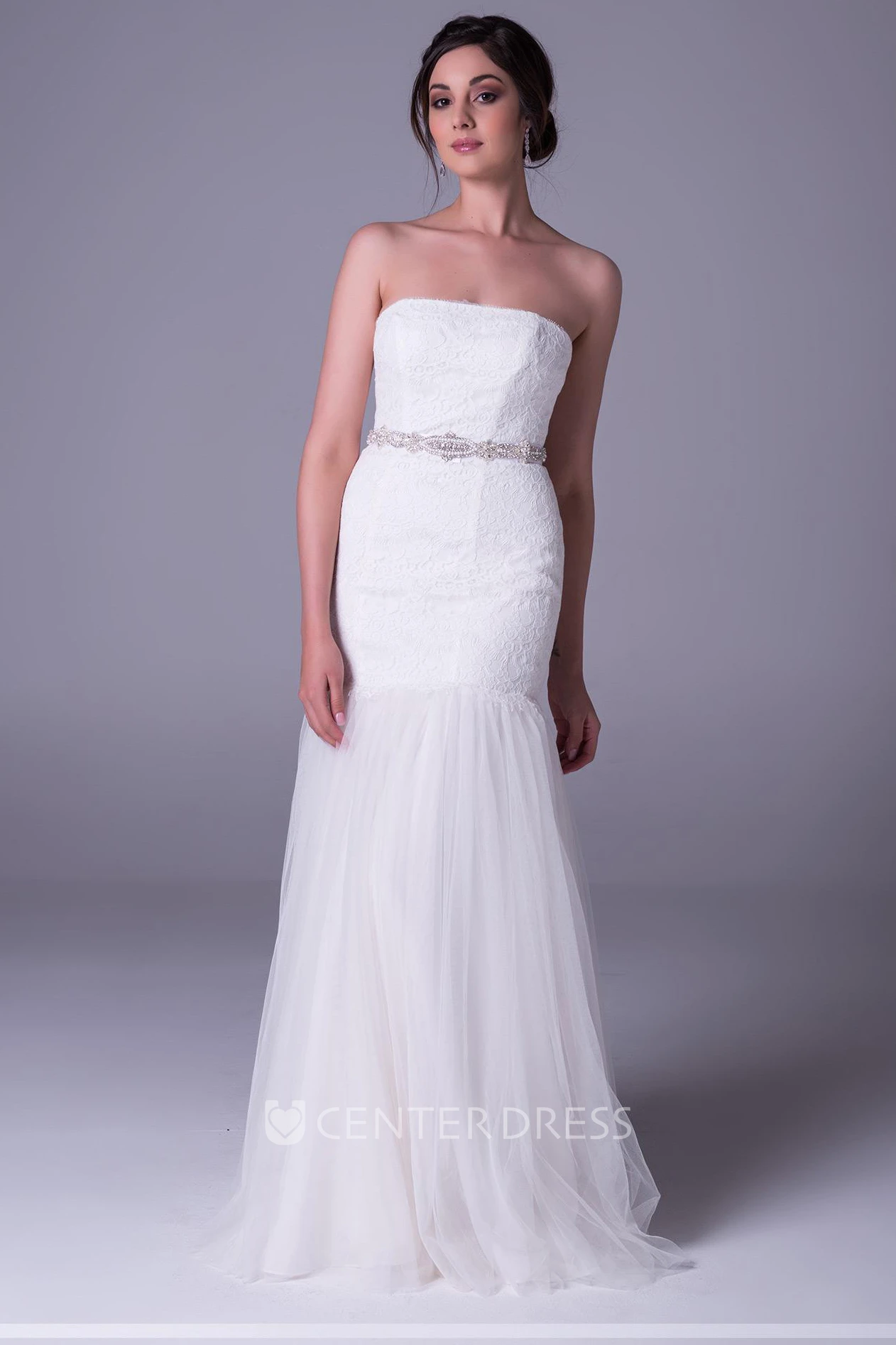 Sheath Jeweled Strapless Sleeveless Floor-Length Lace&Tulle Wedding Dress