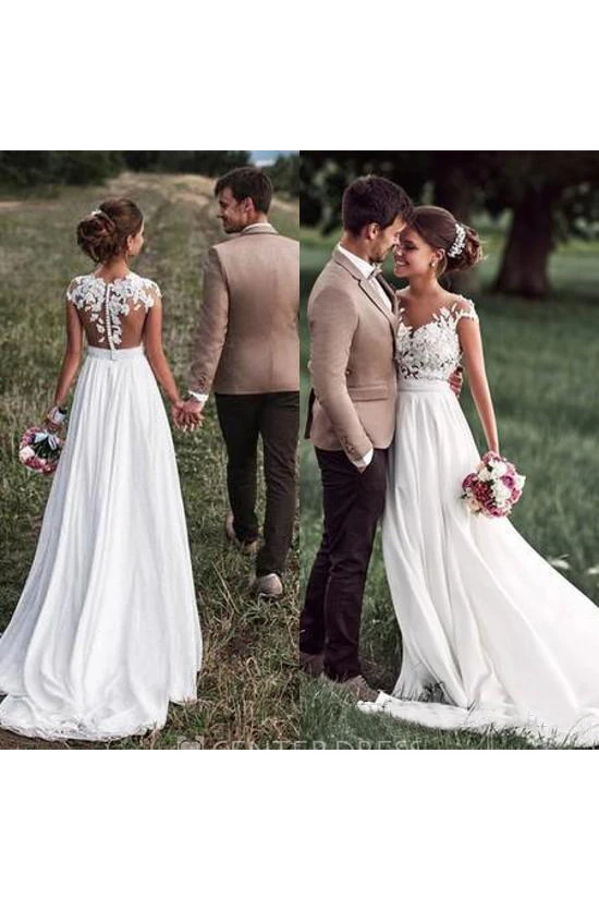A Line Jewel Chiffon Lace Button Zipper Wedding Gown