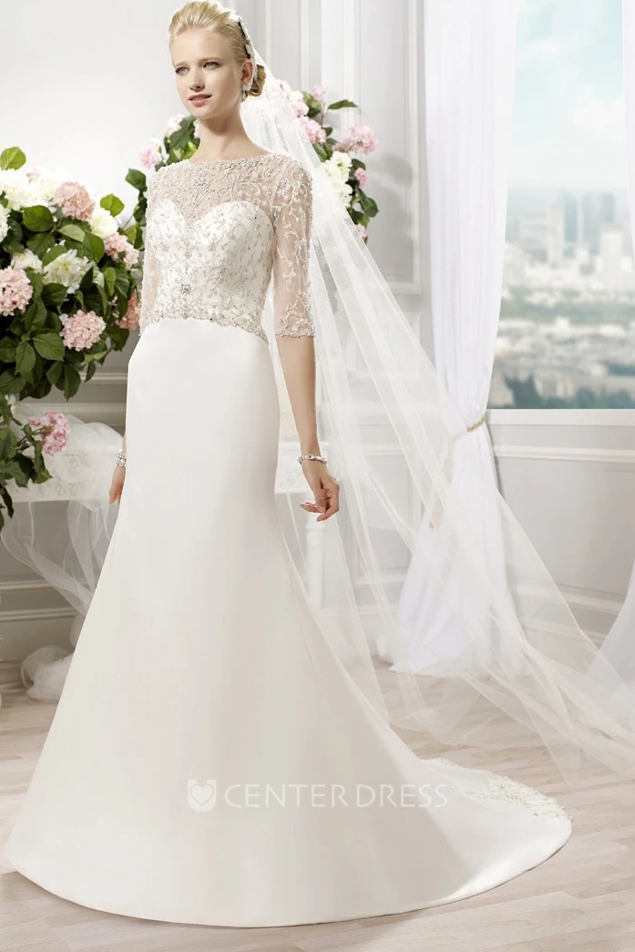 High Neck Long Beaded Chiffon Wedding Dress With Court Train And Illusion