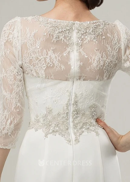 Maxi Scoop Appliqued 3-4-Sleeve Satin Spring Wedding Dress With Sweep Train And Illusion