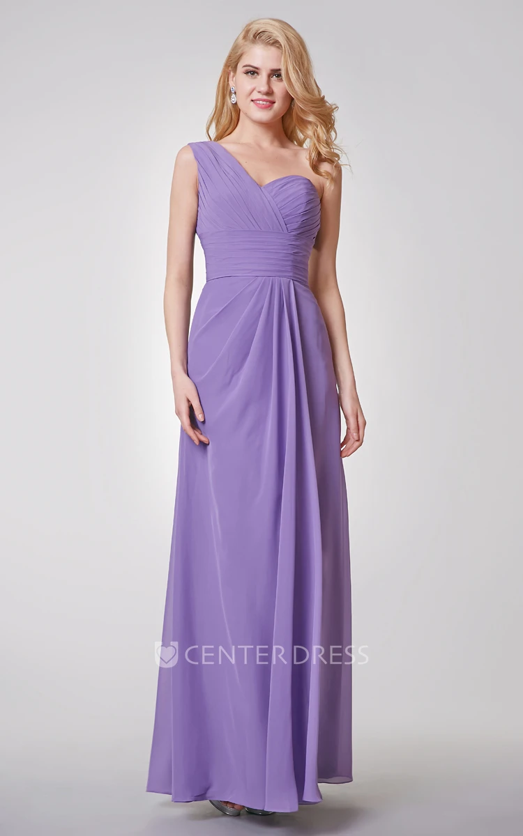 One Shoulder A-line Long Chiffon Dress With Ruched Top