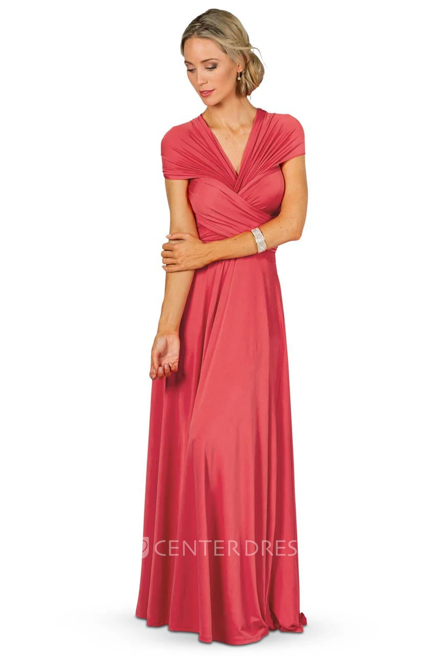 A-Line Pleated Sleeveless Floor-Length V-Neck Chiffon Convertible Bridesmaid Dress With Bow