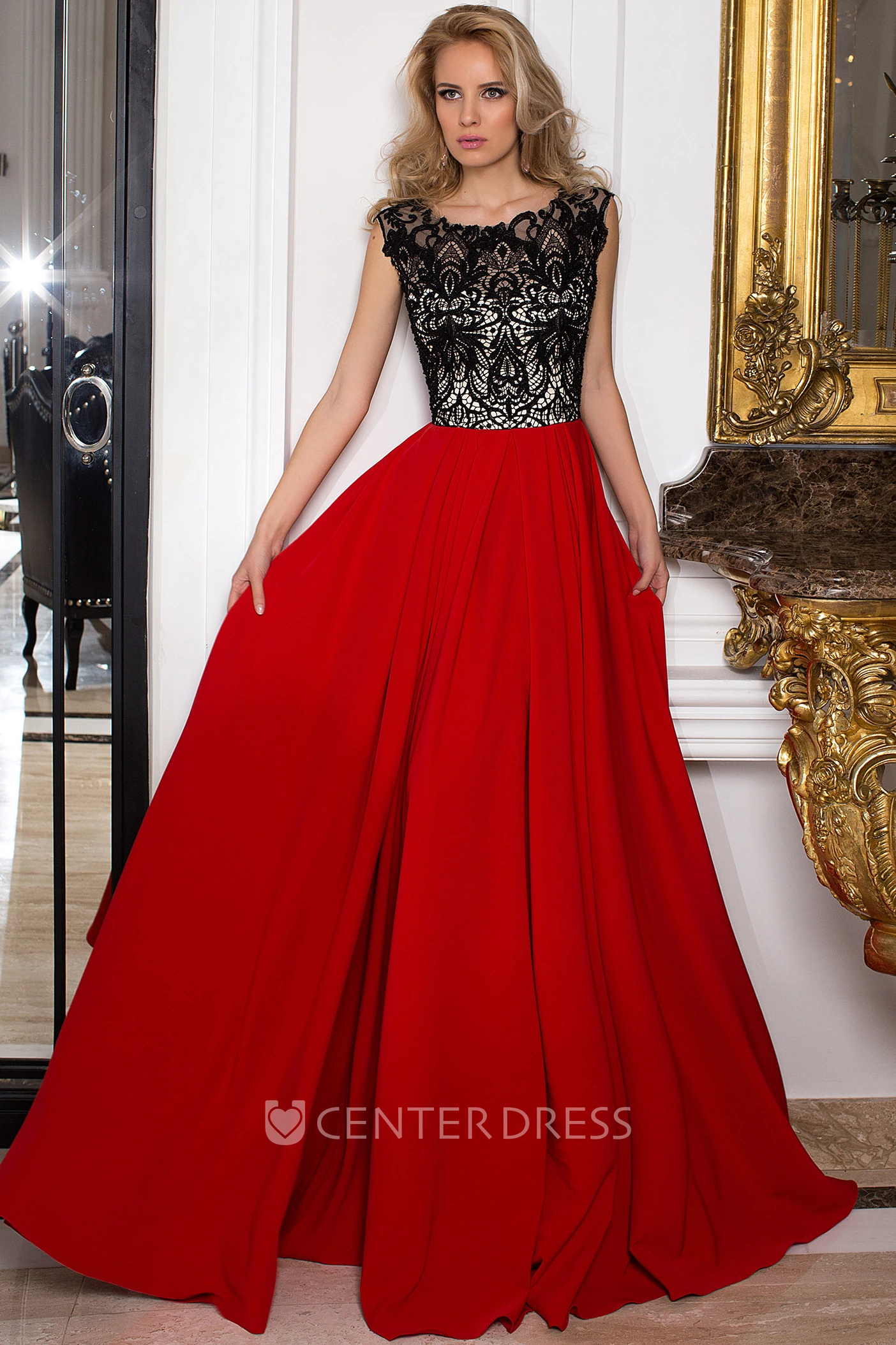 A-Line Scoop Lace Floor-Length Sleeveless Chiffon Prom Dress With Pleats