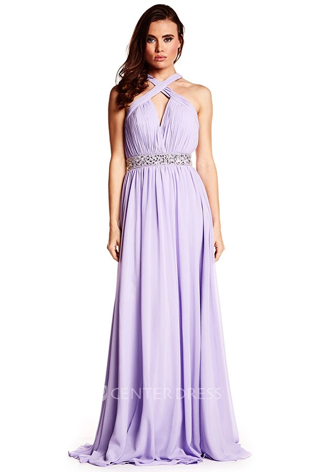 Ruched Halter Sleeveless Chiffon Prom Dress With Beading And Straps