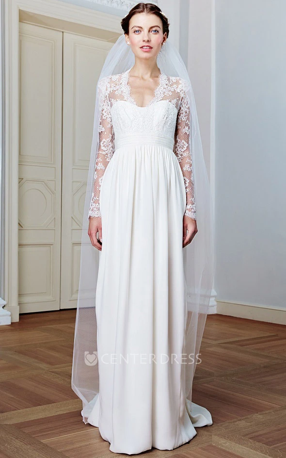 Romantic Chiffon A Line Sweep Train Long Sleeve Queen Anne Wedding Dress with Ruching