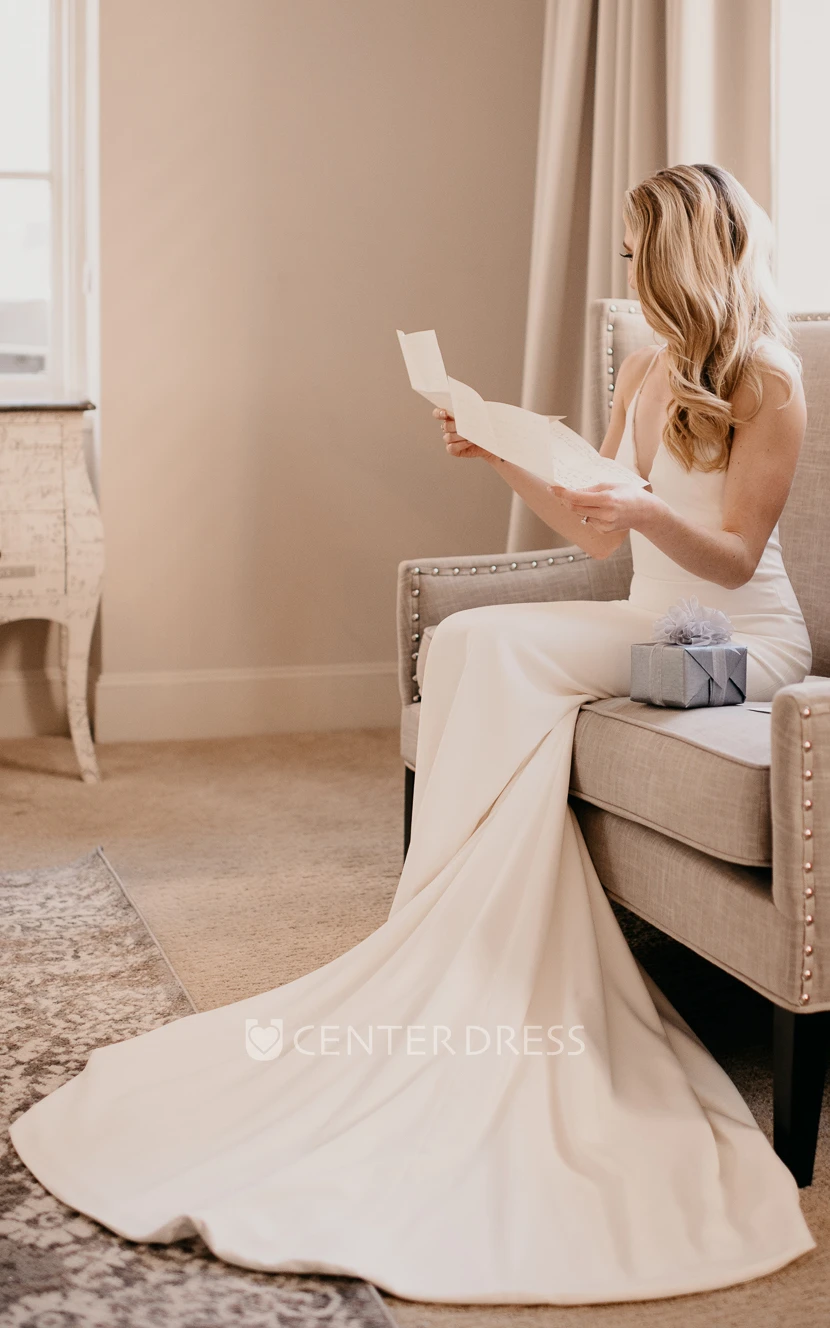  Sheath Modern Satin Wedding Dress With Low-V Back And Chapel Train