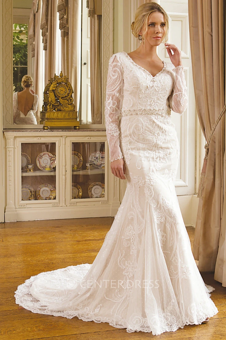 Trumpet V-Neck Long-Sleeve Long Beaded Lace Wedding Dress With Embroidery And Waist Jewellery