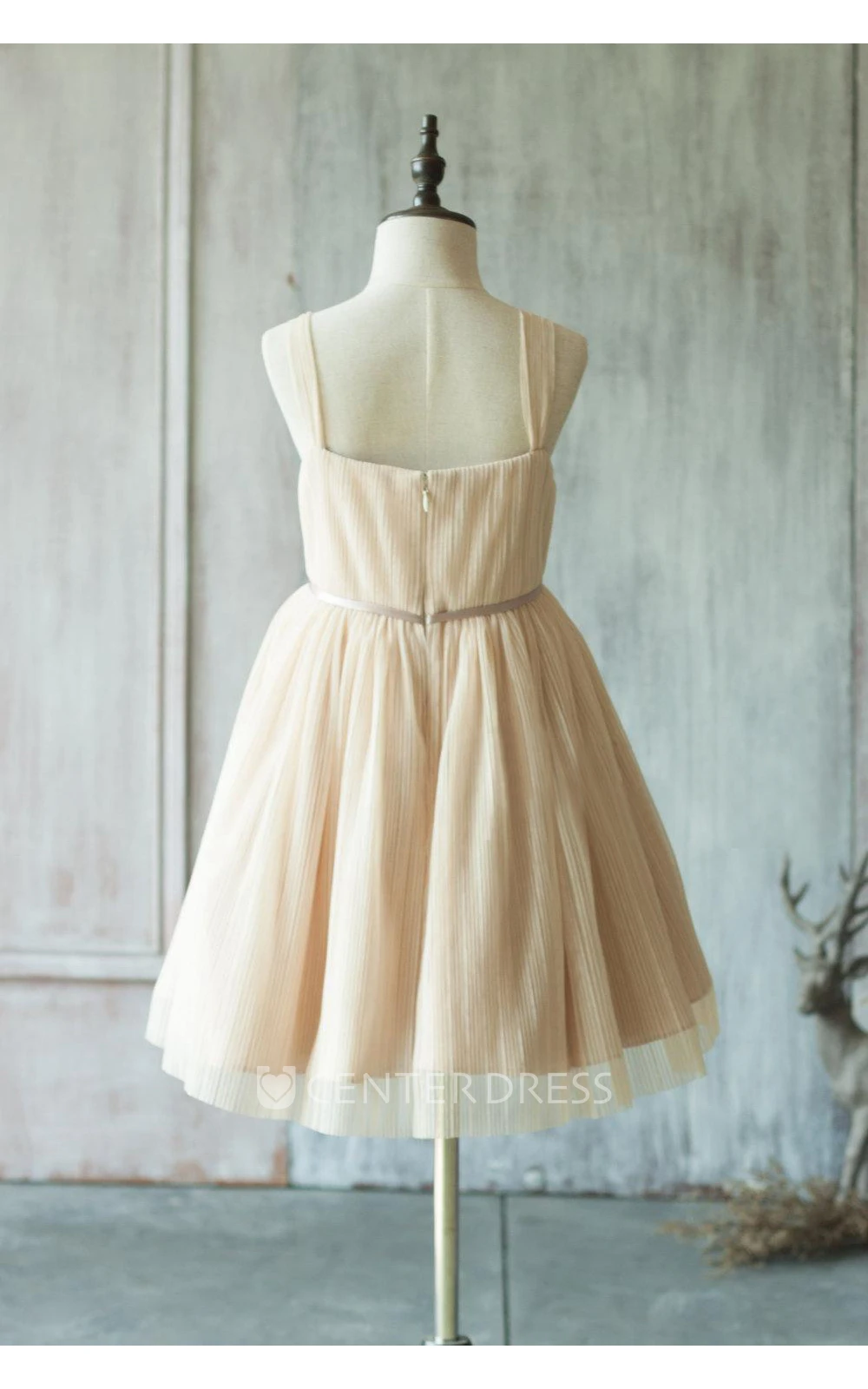 Beige Spaghetti Strap V Neck a Line Knee Length Tulle Girl Wedding Dress