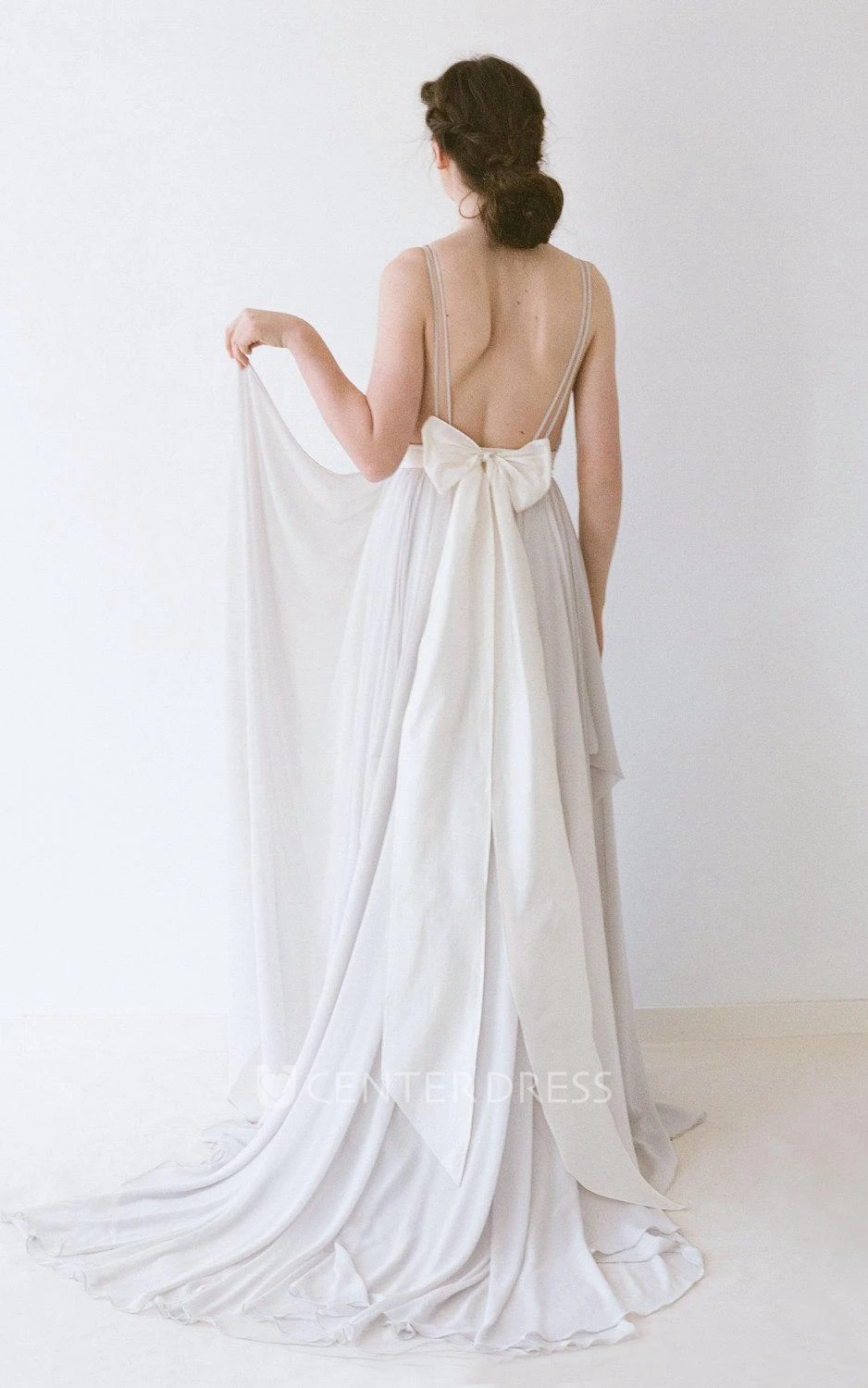 Romantic Double Strap Long A-Line Chiffon Wedding Dress With Beading