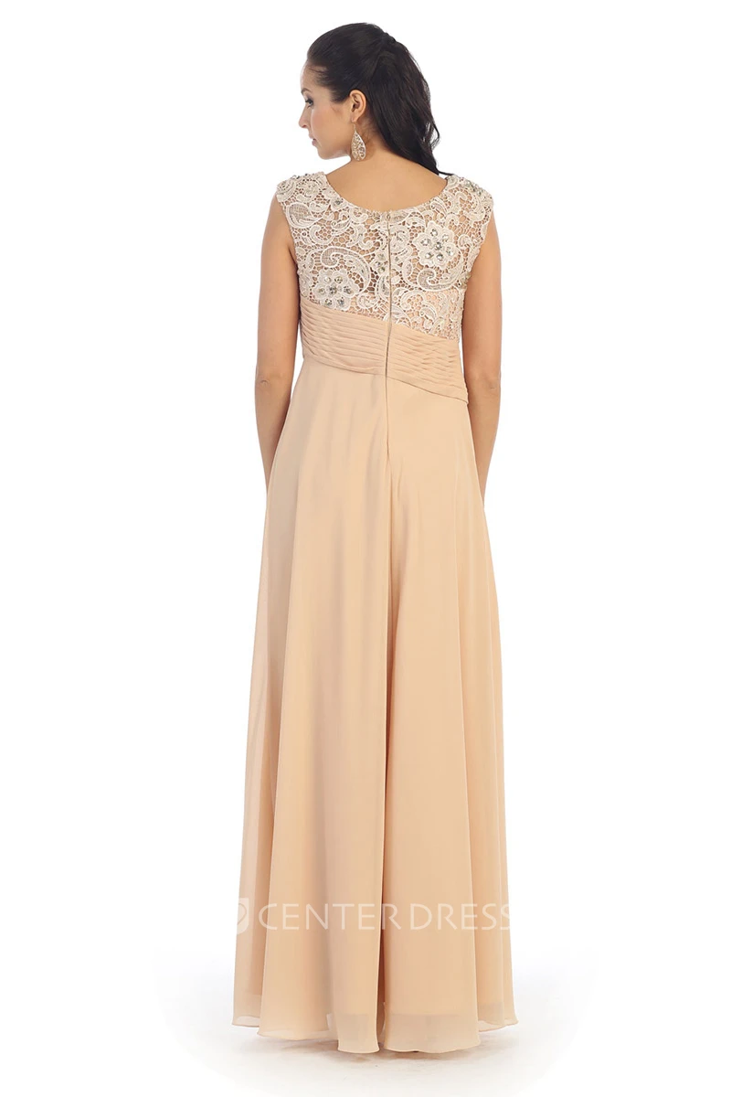 Sheath Scoop-Neck Sleeveless Chiffon Zipper Dress With Lace And Draping