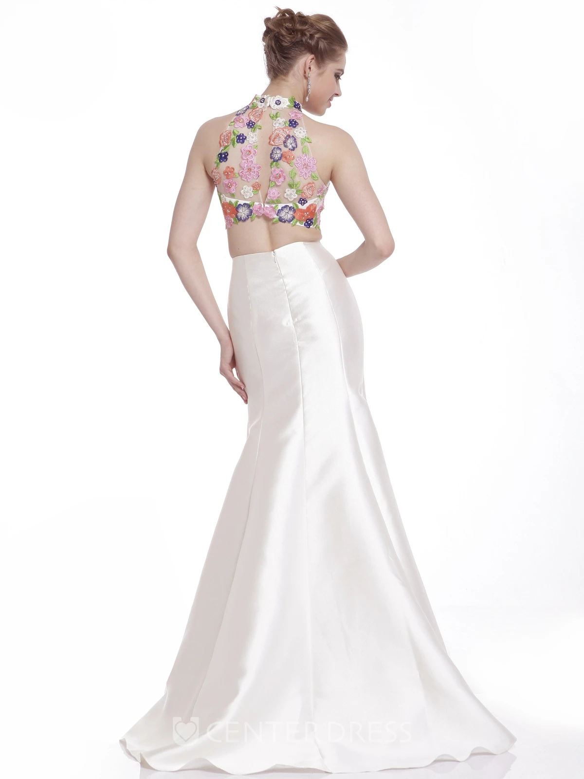 Trumpet High Neck Sleeveless Satin Illusion Dress With Appliques