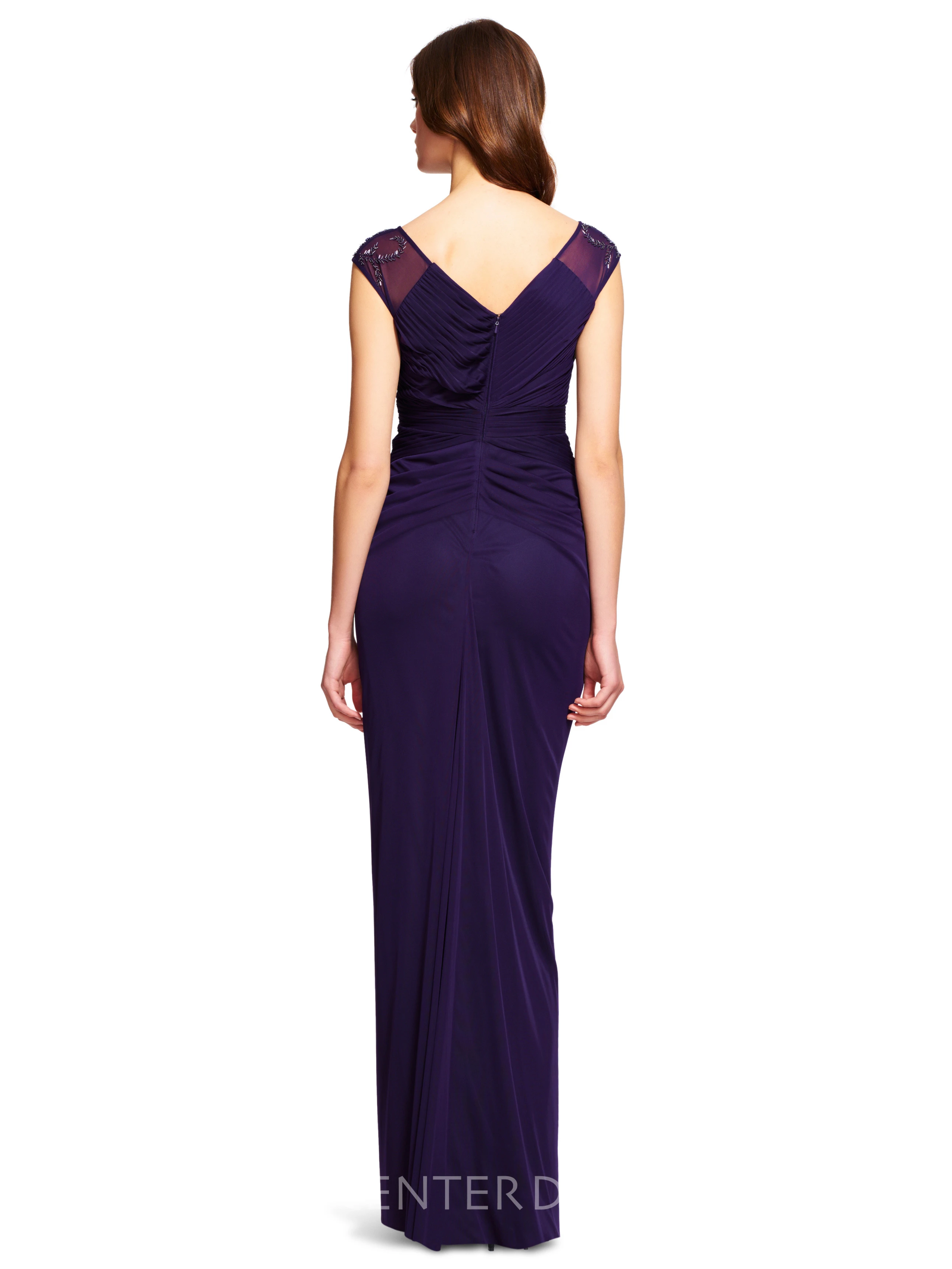 Pencil Cap-Sleeve Draped Floor-Length V-Neck Chiffon Bridesmaid Dress With Beading And V Back